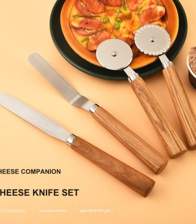4-Piece Wood Handle Pizza Cutter and Spatula Set – CW05R image 1