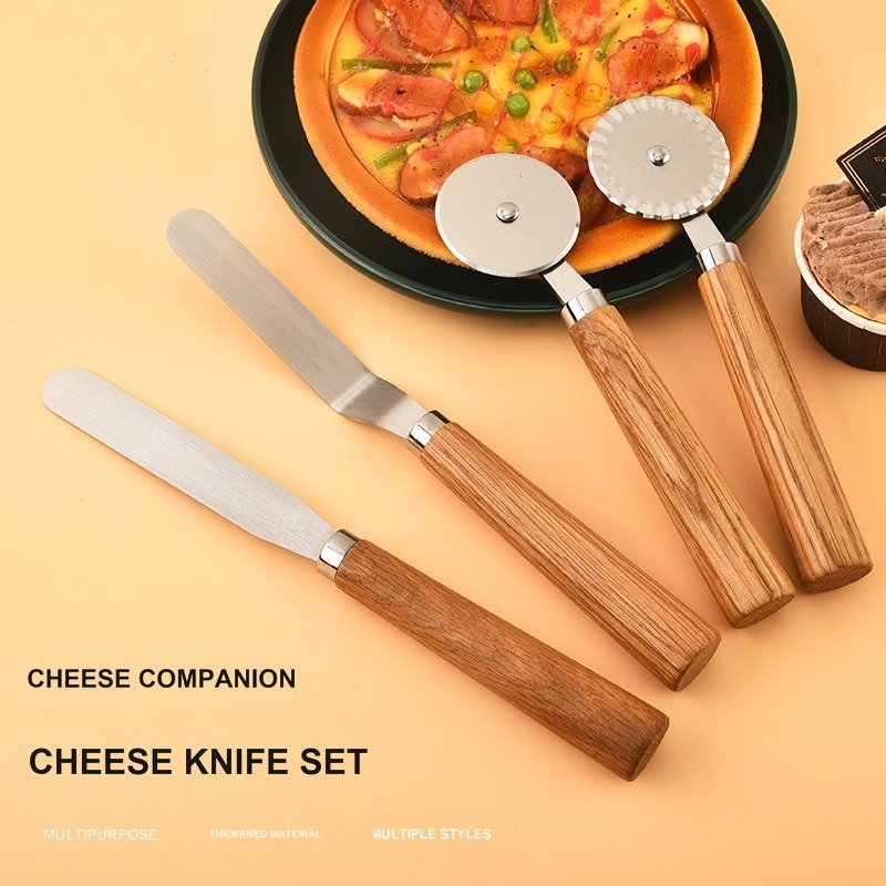 4-Piece Wood Handle Pizza Cutter and Spatula Set – CW05R image 1